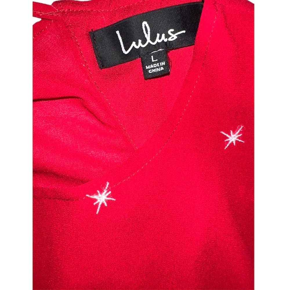 Cosmic Lulus Red Ruffle Embroidered Star Mini Dress - Picture 5 of 7